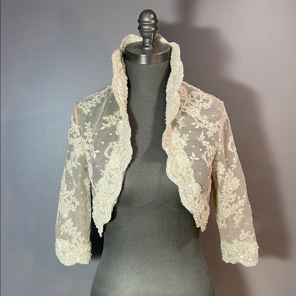 Exquisite 3/4 sleeved bolero with sequins, lace and Queen Anne collar STUNNING!